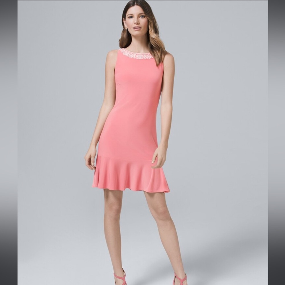 WHBM Light Rose Polished Knit Embellished Flounce Shift Dress Size XS